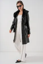 Kadın Yakası Kürklü Deri Kaban 1048 - Siyah