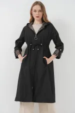 9091 Waist Drawstring Hooded Trench Coat - Plain Black