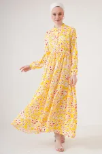 2144 Hakim Yaka Tesettür Elbise - Sarı