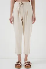 6660 Kemerli Keten Pantolon - Krem