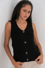 15881 Buttoned Short Knit Vest - Black