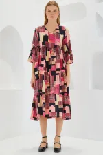 Robe courte en viscose à motifs fuchsia et noirs pour femme, manches courtes, 1959