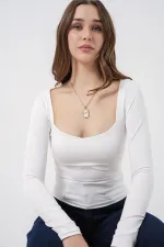 Kadın Kare Yaka Slim Fit Bluz 986 - Beyaz
