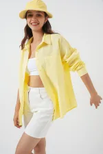 Chemise oversize en lin à poche unique 20153 - Jaune clair Chemise oversize en lin à poche unique 20153 - Jaune clair