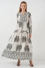 Kadın Desenli Uzun Tesettür Elbise 2585 - Taş