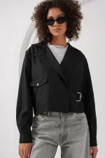 0712 Kruvaze Yaka Kısa Trençkot - Siyah