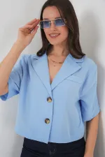 0706 Crop Linen Jacket - Blue 0706 Crop Linen Jacket - Blue