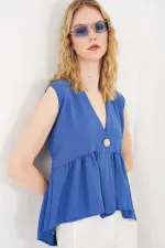 Women's Buttoned Sleeveless Blouse 994 - Navy Blue