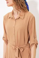 Kadın Camel Kuşaklı Gömlek Elbise 2442