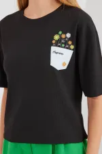 912 Printed Knitted Basic T-Shirt - Black