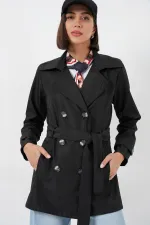 Women's Belted Short Trench Coat 5982 - Black Women's Belted Short Trench Coat 5982 - Black