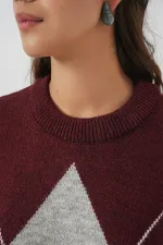 15895 Baklava Desenli Oversize Triko Kazak - Y.Bordo