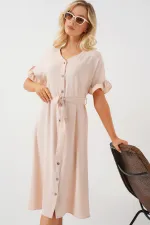 Women's Short Sleeve Buttoned Dress 2555 - Cream