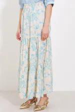 Kadın Krem Mavi Desenli Uzun Viskon Etek 1898