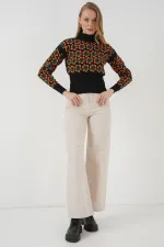 15801 Boğazlı Desenli Crop Kazak - Oranje