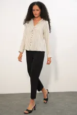 Chemise rayée en lin à lacets pour femme 995 - Crème