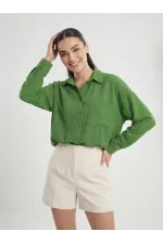20153 Single Pocket Oversize Linen Shirt - Dark Green 20153 Single Pocket Oversize Linen Shirt - Dark Green