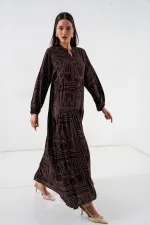 Women's Patterned Long Hijab Dress 2585 - Dark Brown