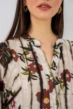 Kadın Desenli Uzun Tesettür Elbise 2585 - Kahve Bej