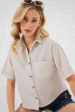 Kadın Keten Görünümlü Crop Gömlek 20339 - Krem