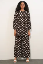 Women's Tunic and Pants Polka Dot Top and Bottom Set 6663 - Dark Brown