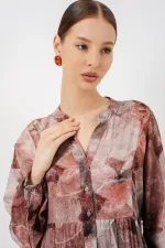 Kadın Desenli Uzun Tesettür Elbise 2585 - D.Gül Kurusu