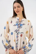 Kadın Desenli Uzun Tesettür Elbise 2585 - Lacivert 8