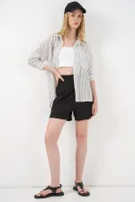 Kadın Tek Cepli Çizgili Oversize Gömlek 20375 - Beyaz Kadın Tek Cepli Çizgili Oversize Gömlek 20375 - Beyaz