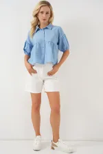 Kadın Kısa Kol Crop Gömlek 20335 - Mavi