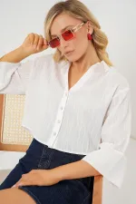 Kadın Çizgili Oversize Kısa Gömlek 20326 - Beyaz