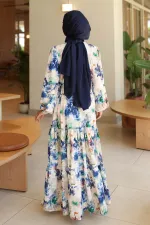 Kadın Desenli Uzun Tesettür Elbise 2586 - Saks