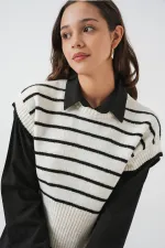Kadın Çizgili Triko Süveter 15926 - Ekru