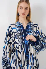 Kadın Desenli Uzun Tesettür Elbise 2585 - T. Lacivert