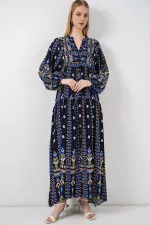 Kadın Desenli Uzun Tesettür Elbise 2585 - P. Lacivert