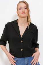 Veste courte oversize en lin noir à double boutonnage pour femme 0706
