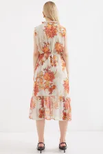 2503 Patterned Zero Sleeve Chiffon Dress - Brick