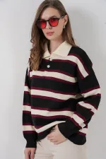 Women's Striped Polo Neck Knitwear Sweater 15952 - Black