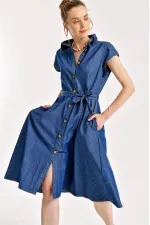 1677 Buttoned Belted Denim Dress - Navy Blue