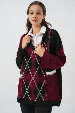 Kadın V Yaka Desenli Triko Kazak 15933 - Bordo