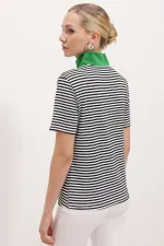 Women's Green Polo Collar Zippered Striped T-Shirt 0497