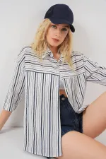 Chemise rayée à manches courtes pour femme 20344 - Bleu marine clair