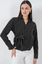Women's Front Tie Striped Shirt 20362 - Black Women's Front Tie Striped Shirt 20362 - Black