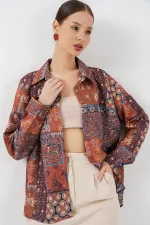 Women's Oversize Patterned Satin Shirt 20365 - Terracotta