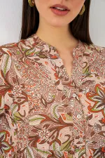 Kadın Desenli Uzun Tesettür Elbise 2585 - Sütlü Kahve