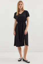 2378 V-Neck Slit Knitted Dress - Black