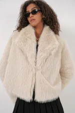 5186 Double Breasted Plush Fur Coat - Cream