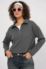 55449 Zippered Collar Knitted Sweatshirt - Anthracite