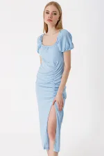2396 Yırtmaçlı Yazlık Örme Elbise - Mavi