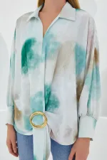 Kadın Yeşil Ekru Oversize Dökümlü Saten Gömlek 907