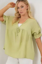 Kadın Önü Bağcıklı Kısa Kol Bluz 962 - E.Yeşil